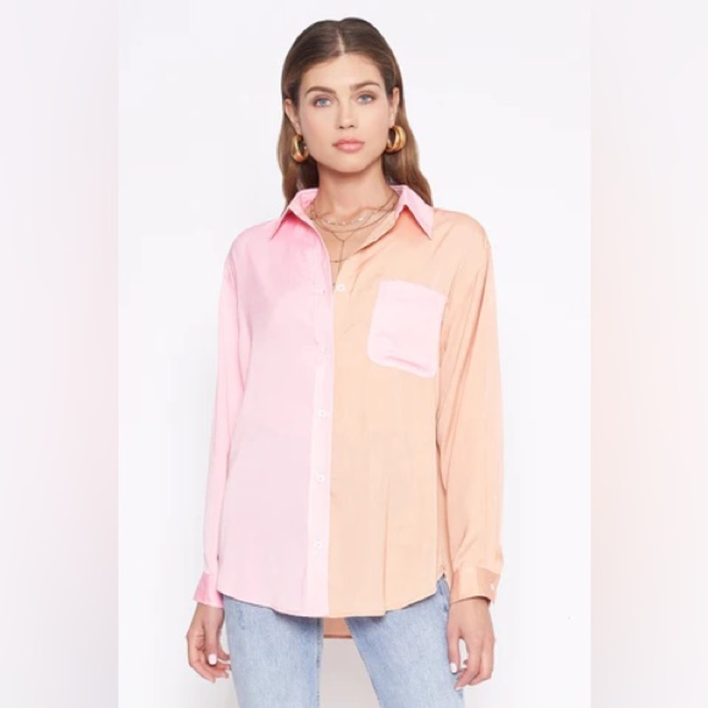 Dee Elly Women’s Pink/Orange Colorblock Button Down Shirt Size XL